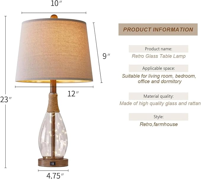 PoKat 2 in 1 Bedside Table Lamps Set of 2, Farmhouse Glass Lamp, Wood-like | Bedroom Lamps for Nightstand,Top Light&Fairy Night Light,Built-in USB with Bulb,Boho Rattan Design for Nursery Hallway