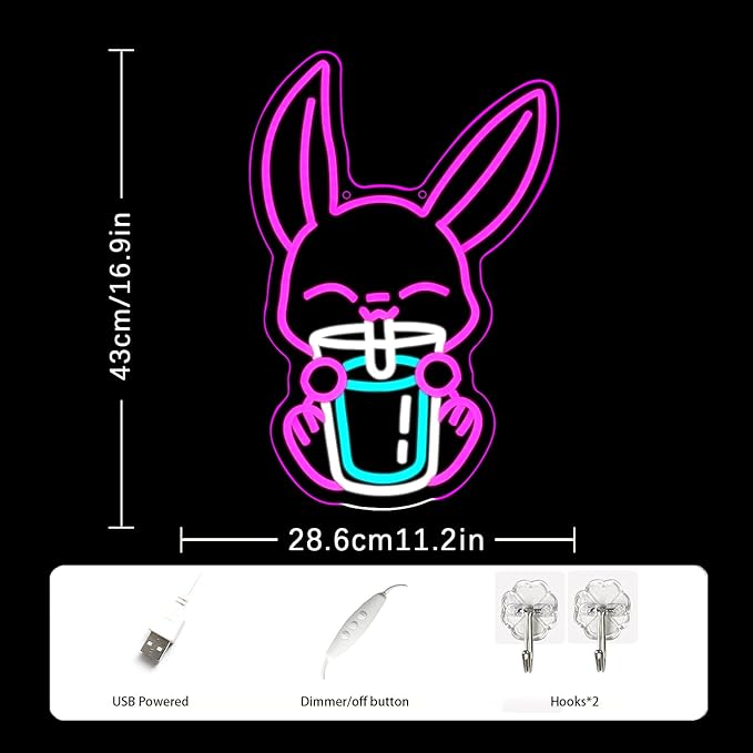 Rabbit Drinking Milk Tea Neon Sign Easter Rabbit Neon Sign for Wall Decor Dimmable Led Pink Bunny Neon Lights USB Power Animal LED Sign for Home Decor for Bedroom Restaurant Easter Gifts