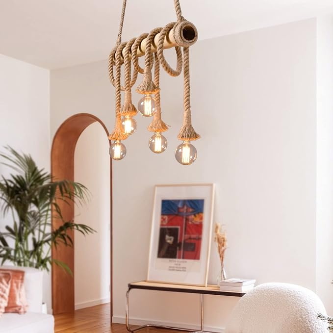 Arturesthome 5 Heads Vintage Bamboo Chandeliers Hemp Rope Pendant Light Fixture, Unique Rustic Industrial Hanging Lamp for Bedroom Restaurant Cafe Bar Decoration