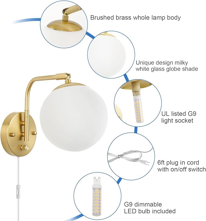 Dimmable Wall Sconces Plug in, Swing Arm Wall Lights with Plug in Cord and Dimmer On/Off Knob Switch, Dimmable Wall Light with Milky White Glass Globe Shade(2 Bulbs Included)