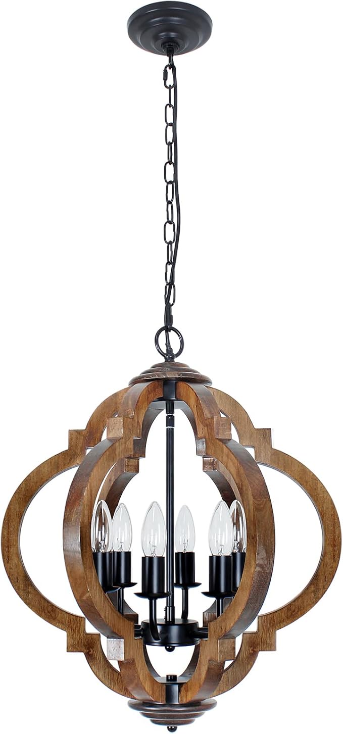 Farmhouse Rustic Wooden Chandelier, 6-Light Farmhouse Hanging Light Fixture with Black Metal & Brown Wood, for Dining Room, Kitchen, Living Room, Entryway, Foyer, Bedroom, Hallway