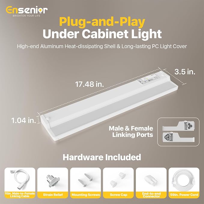 Ensenior Plug in or Hardwired Under Cabinet Lighting, 18 Inch 10W, 2 Pack | Heat-dissipating Aluminum, Built-in Switch & 4-Level Dimmer, 5 Colors, 2 Link Options, True-Color CRI90+, Moisture-Proof, FCC