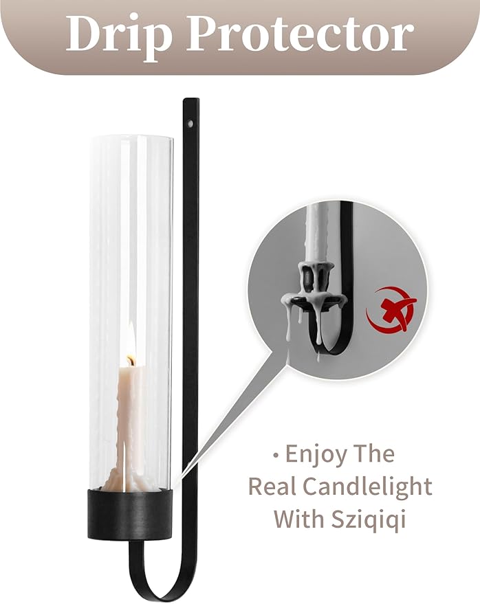 Sziqiqi Black Wall Candle Holders: Metal Candle Sconces for Taper Set of 2 Modern Wall Mounted Candlestick Holder with Hurricane Glass for Living Dining Room Bedroom Bathroom Outdoor