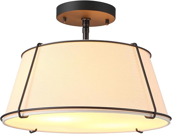 Globe Electric 2-Light Flush Mount Ceiling Light, Matte Black, White Fabric Shade with Acrylic Plate, Updated Traditional Style