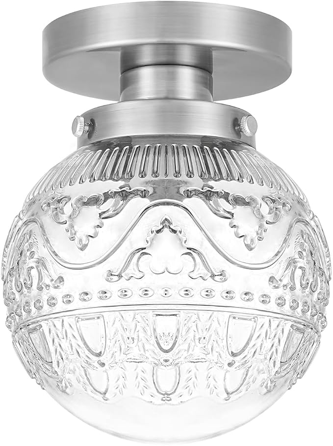 Daunton Semi Flush Mount Ceiling Light Fixtures, Vintage Globe Glass Ceiling Light Fixture, Antique Small Brushed Nickel Hallway Light Fixtures for Bedroom, Closet, Entryway, Bathroom, Kitchen