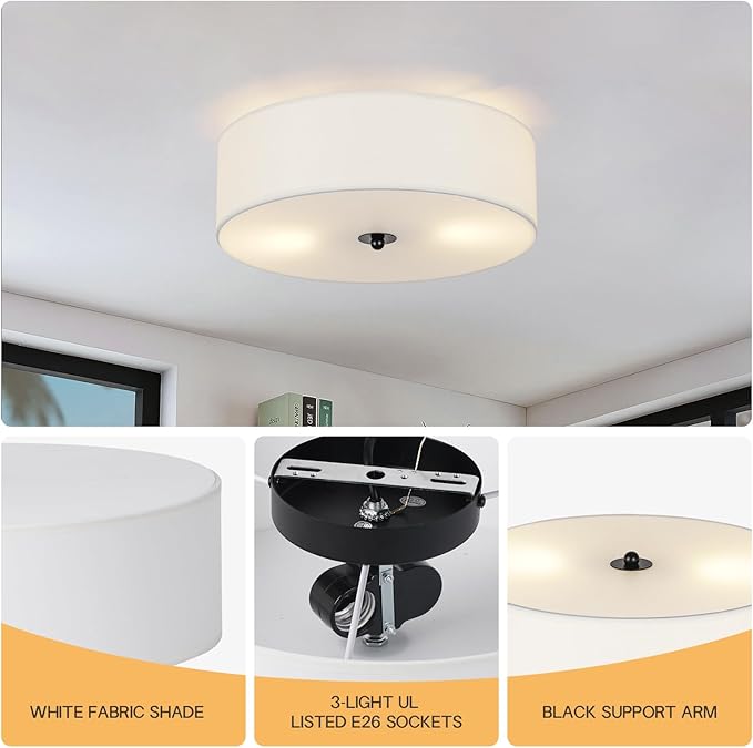CALOKES Flush Mount Ceiling Light Fixture, 13" Close to Ceiling Light with White Fabric Linen Drum Shade, 2-Light Modern Round Ceiling Light for Bedroom Hallway Dining Kitchen