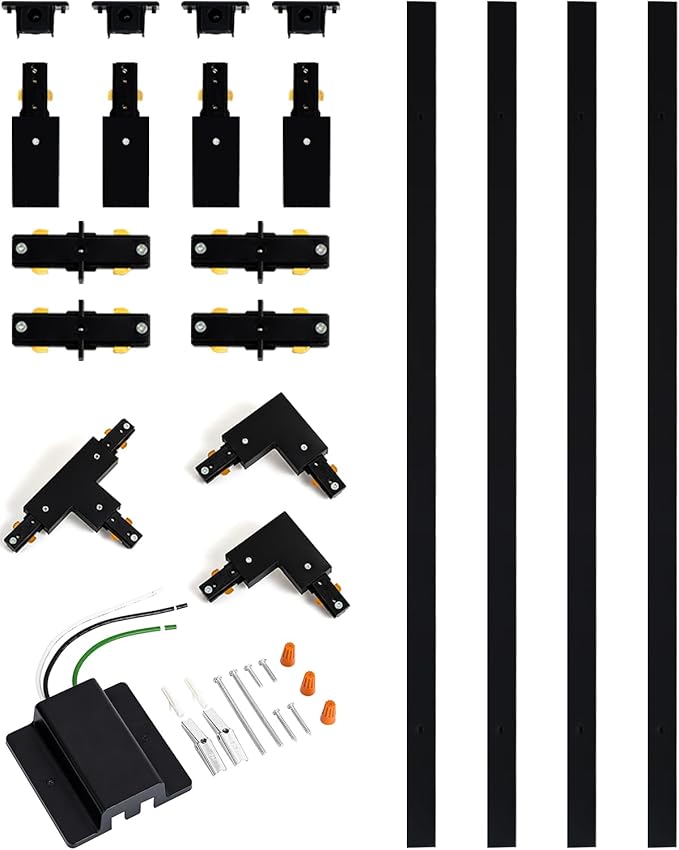 13FT H Track Lighting Rails Kit, Black | H Type Track Rails with Floating Canopy Connector, End Caps, Live End Feed and T L Connector