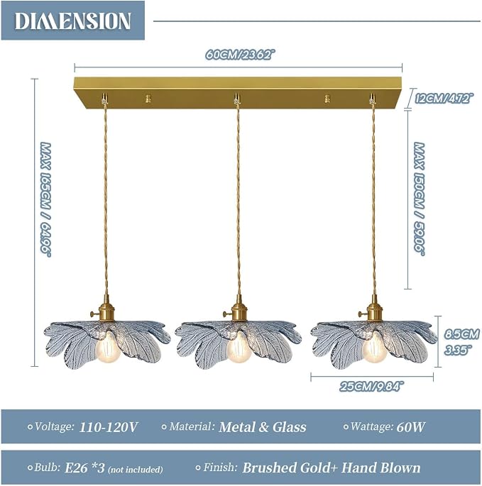3-Light Hand Blown Glass Chandelier, Blue Flower Glass Shade with Brushed Brass Gold Base, Adjustable Pendant Light Mid Century Vintage Farmhouse Hanging Lamp for Dining Room Kitchen Island