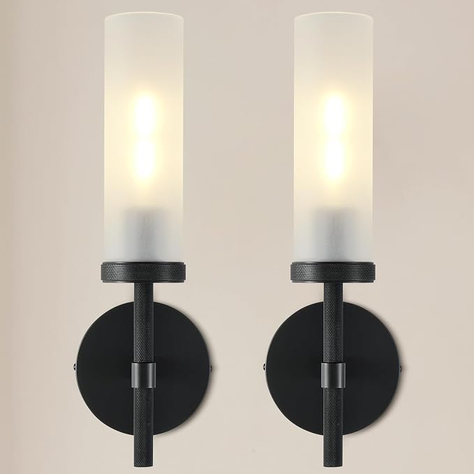 15" Hardwired Frosted Glass 2 PC Bathroom Wall Sconces, Handmade Knurled Black Wall Light Fixture,Modern Vanity Lights, for Living Room,Hallway, Bedroom,Mirror, Indoor Sconces