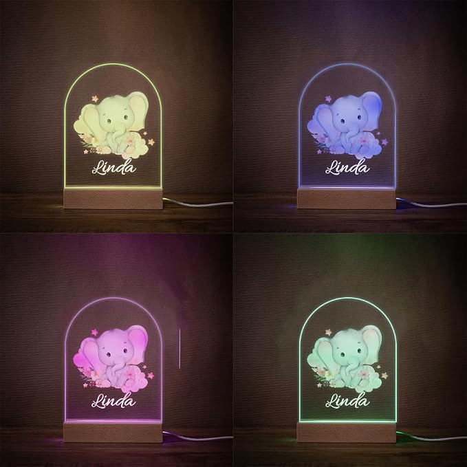Personalized LED Night Light Elephant Design Custom Name Acrylic Light with Wood Base Gifts for Kids