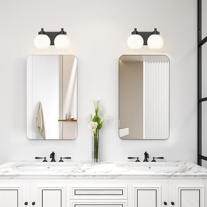 IZORRO Bathroom Light Fixtures, 2-Light Matte Black Vanity Light, Modern Wall Sconces with Globe Milk White Glass Shade, Vanity Lighting Fixtures Over Mirror,E26 Bulb Socket