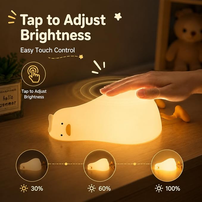 Cute Lying Flat Duck Night Light for Kids, Silicone Squishy Duck Lamp, 3-Level Dimmable Touch Control Bedside Night Light, USB Rechargeable Nursery Light for Baby Bedroom, Birthday Christmas Gift