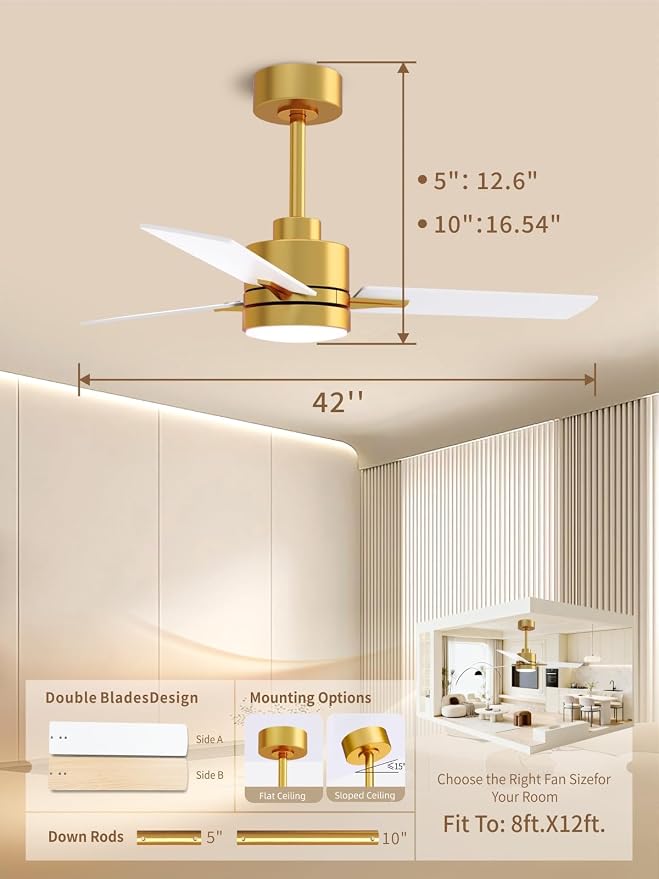 LANMEL Metal Ceiling Fan with Lights and Remote, 42 Inch, Gold & White | Modern Low Profile Flush Mount, Reversible, 3CCT Dimmable, Quiet, LED, For Bedroom, Living Room, Indoor/Outdoor Patio Use