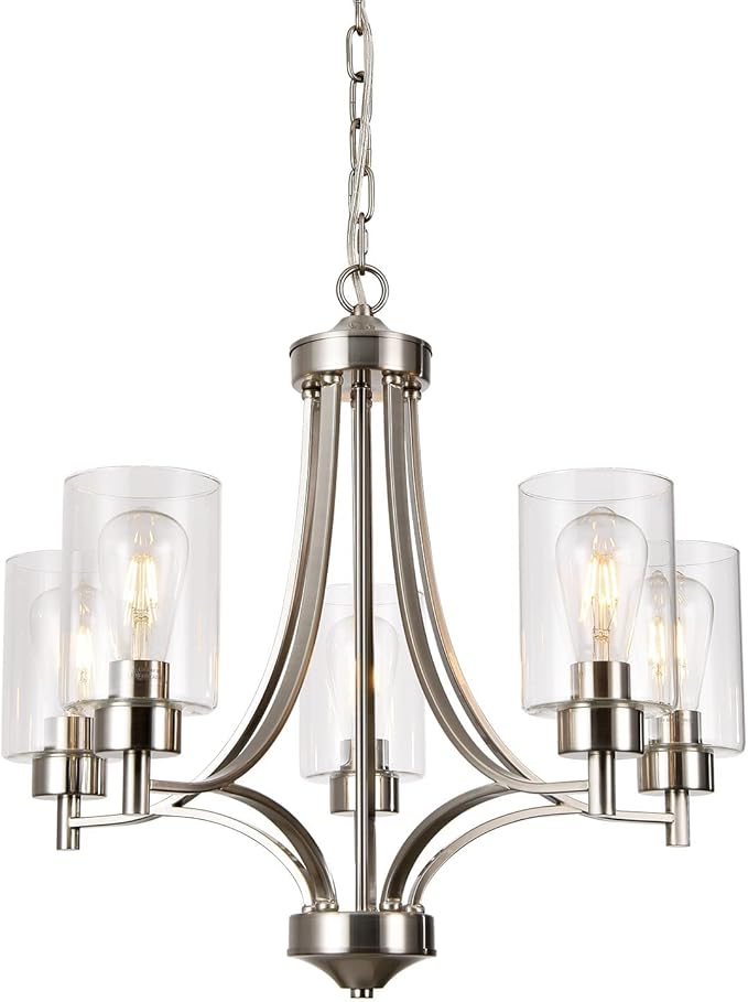 BOZO 5-Light Brushed Nickel Chandelier Modern Dining Room Lighting Fixtures Kitchen Over Table Pendant Lighting for Foyer Bedroom Bathroom Hallway with Clear Glass Shade