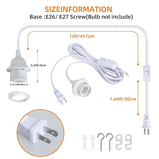 2 Pack White Hanging Light Cord, 16FT Plug in Pendant Light Cord Kit | DIY Lamp Kit, Vintage Hanging Light Kit, E26 E27 Pendant Light Fixture, Adjustable Light Socket Hanging Paper Lantern Light