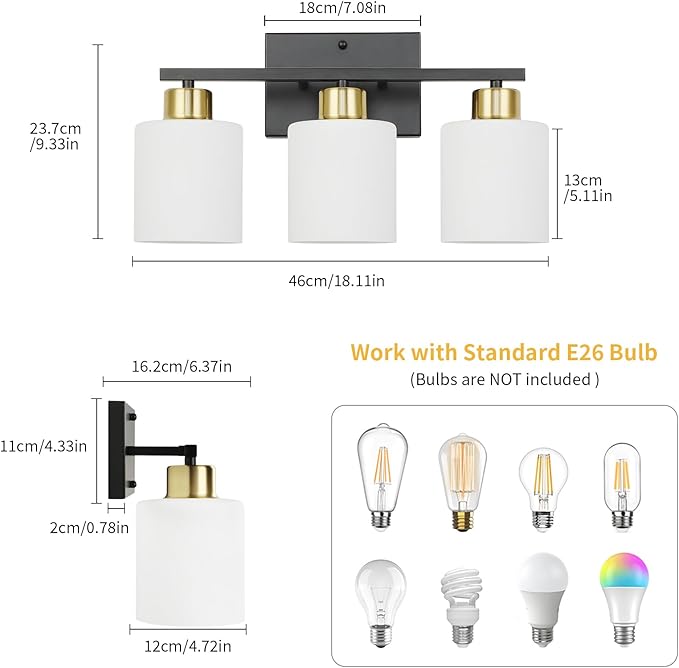 WILON Bathroom Light Fixtures Over Mirror, 3 Light Black and Gold Vanity Light, Wall Sconces with White Milky Glass Lamp Shades,E26 Bathroom Vanity Light (Bulbs Not Included)
