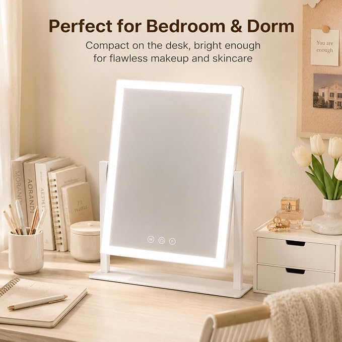 ROLOVE 16"x13" Vanity Mirror with Lights, Three Colors Lighting Mode, 360°Rotation, Lighted Makeup Mirror wih Stand for Desk, Bedroom, Dorm, Gifts for Women