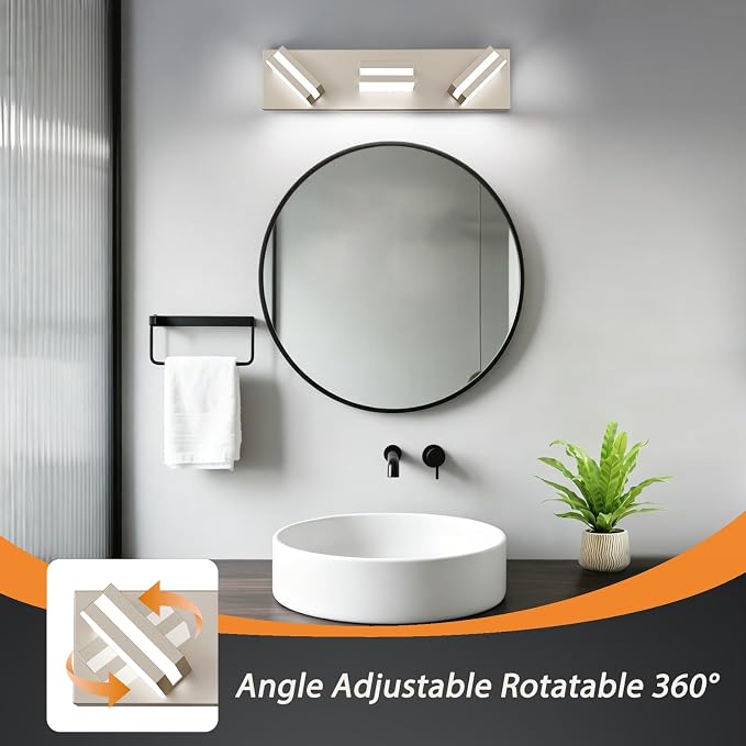 Bathroom Lights Fixtures Over Mirror, 360°Rotate Modern LED Vanity Lights for Bathroom, Dimmable & High CRI Acrylic Wall Lighting, No Assembly Required (Brushed Nickel, 3-Light, 16 Inch)