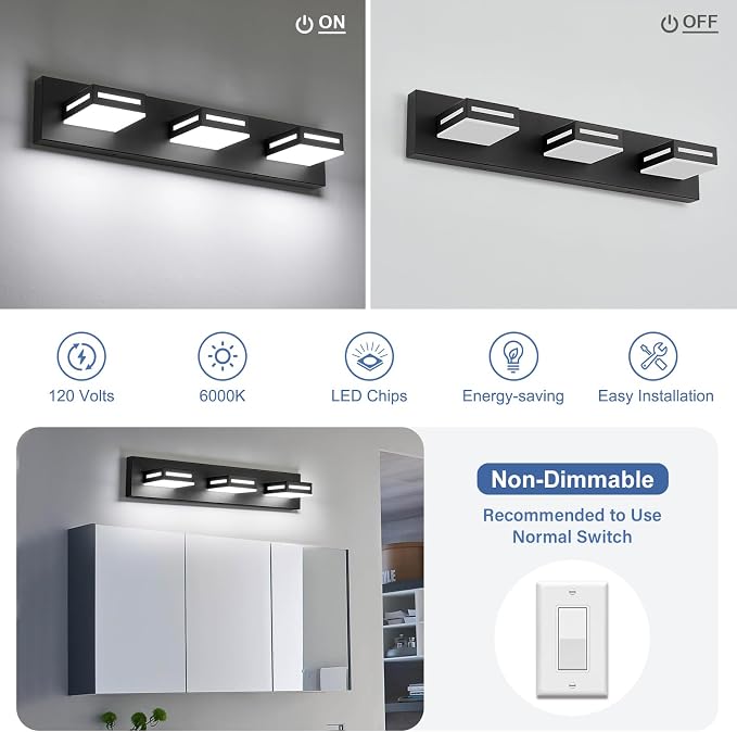 LED Modern Bathroom Light Fixtures, 3-Light 24-Inch Matte Black Vanity Lights for Bathroom Lighting Fixtures Over Mirror, 6000K Cool White 350° Rotatable Wall Lamp