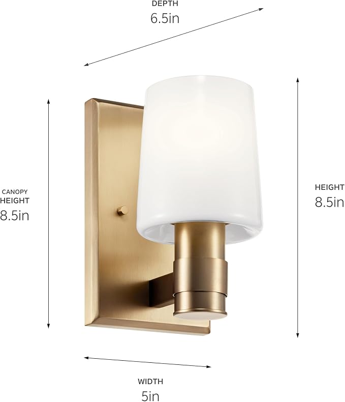Kichler Adani 1-Light Bathroom Wall Light, Champagne Bronze | Modern wall light with opal glass for baths, hallways and bedrooms (8.5" x 6.5" x 5"), 55174CPZ