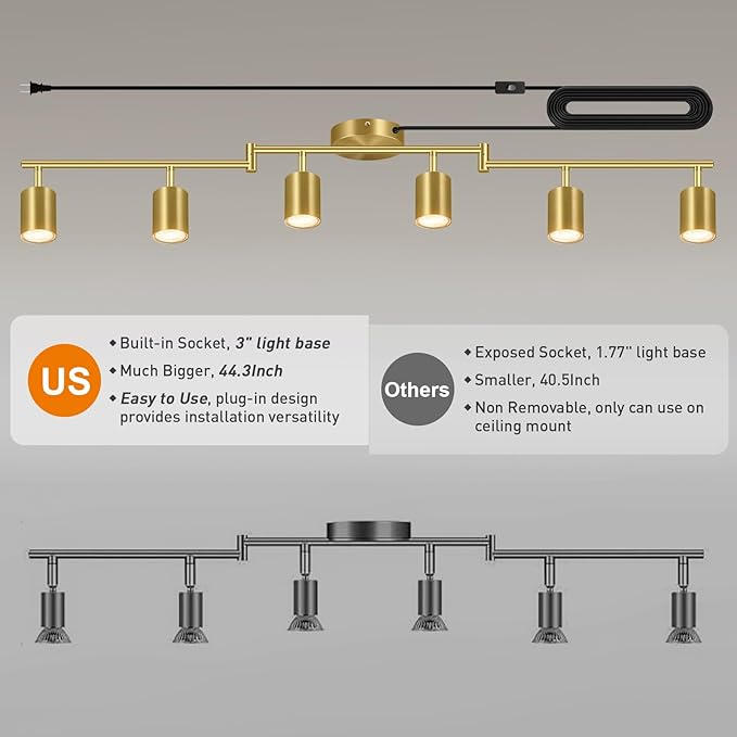 Plug in Track Lighting LED, Track Lighting Fixtures Ceiling, Gold 6-Light Kitchen Light Kit, Plug in Wall Light with 14.8ft Power Cord, Rotatable Ceiling Spotlight for Bedroom(GU10 Socket, NO Bulb)