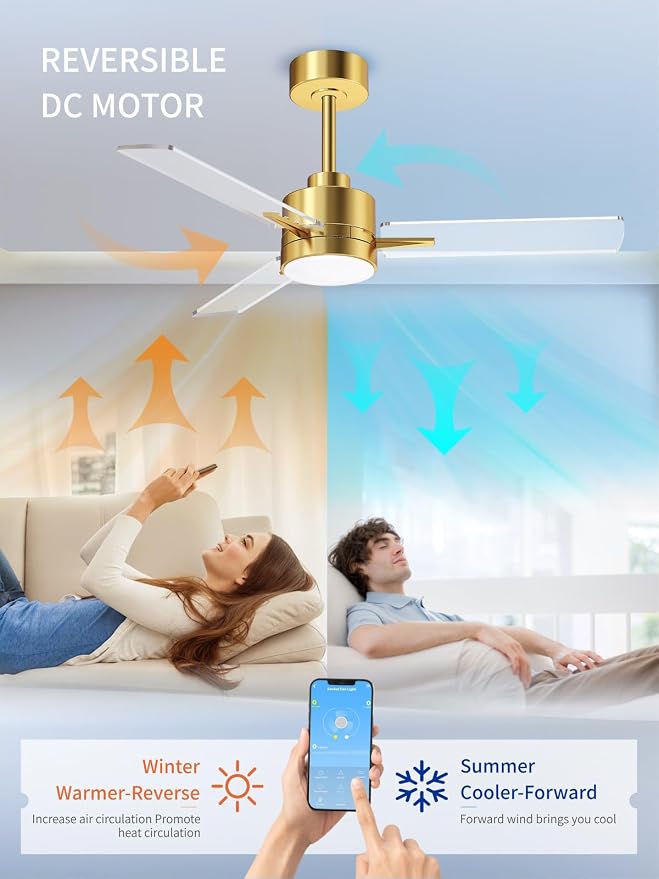 LANMEL Metal Ceiling Fan with Lights and Remote, 42 Inch, Gold & Transp | Modern Low Profile Flush Mount, Reversible, 3CCT Dimmable, Quiet, LED, For Bedroom, Living Room, Indoor/Outdoor Patio Use