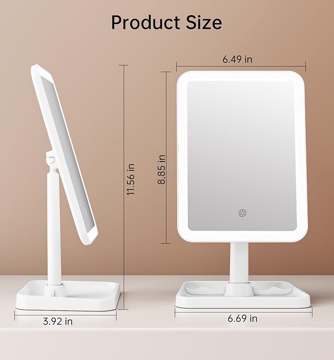 Lighted Makeup Mirror, Rechargeable Makeup Mirror with Lights, Vanity Mirror for Desk 360° Rotation, 3 Color LED Lights Detachable Light Up Mirror for Makeup Room Decor for Girls, Brithday's Day Gifts