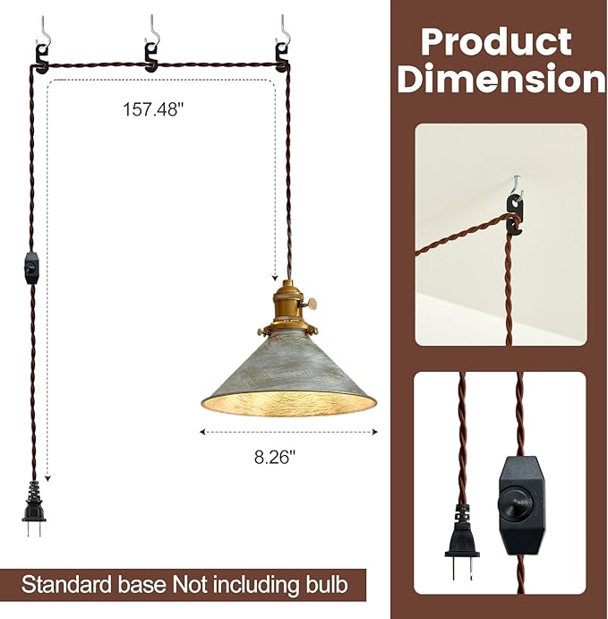 Hanging Lights with Plug in Cord Antique Silver Cage Industrial Pendant Light On/Off Switches Distressed Vintage Metal Finish Hanging Lamp for Farmhouse, Loft & Cafe Lighting