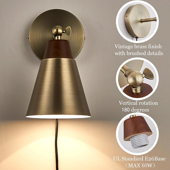 Wall Sconce Set of 2, Wall Sconce with Metal Shade, Plug Switch, Indoor Decor Wall Mount Swing Arm Lamp for Bedroom,Hallway,Living Room,Reading, Vintage Brass