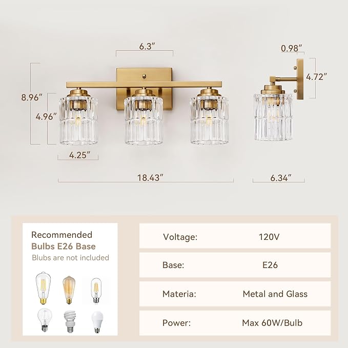 TALOYA Gold 3-Light Bathroom Vanity Light with Fluted Cylinder Glass Shade | Modern Vanity Lighting Fixtures, Bathroom Lights Over Mirror, Wall Mount Mirror Light Fixtures for Bathroom Hallway Bedroom