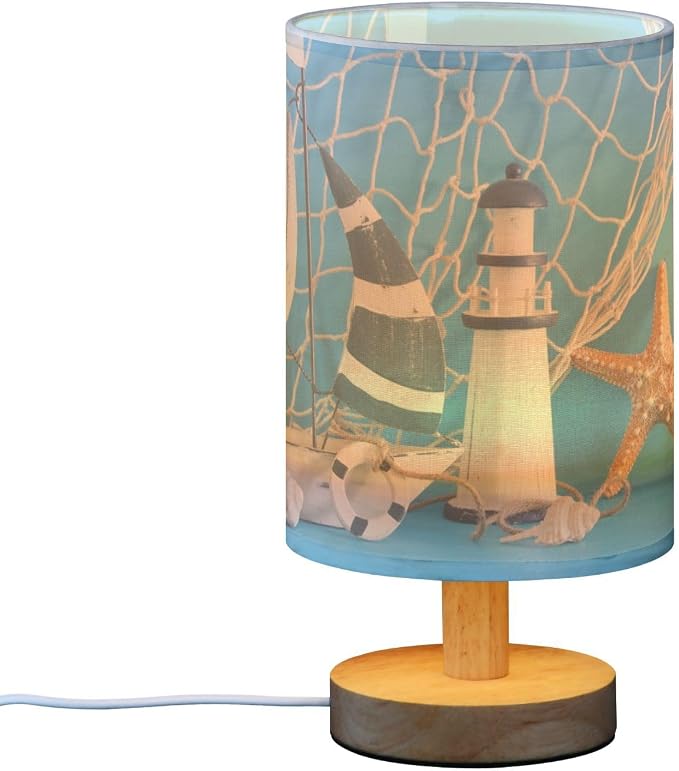 Table Lamp Nautical Sailboat Lighthouse Starfish Seashell Fishnet Blue Wood Nightstand Lamp with Wood Base Fabric Lamp Shade Bedside Desk Lamp for Living Room Bedroom Kids Room Office