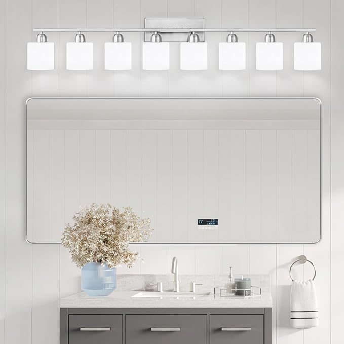 Brushed Nickel Bathrooms Lights for Huge Mirror, 8 Light Anti-Rust Finish with Milky White Frosted Glass Shades, 51 Inch Above Mirror Lights for Bathroom, E26