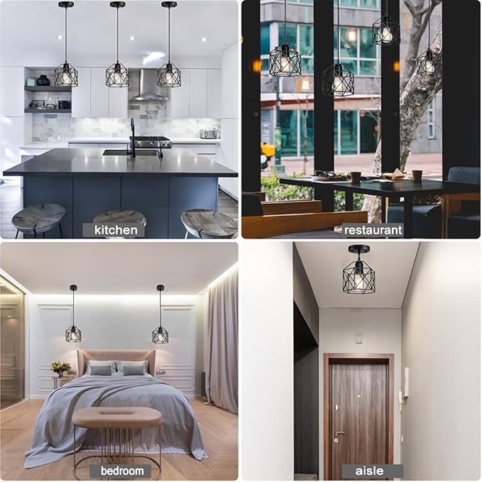 2 Pack 1 Light Vintage Hanging Light Pendant Light Fixture Farmhouse Basket Cage Hanging Ceiling Light，for Kitchen Island Dining Restaurant Room Hallway Hotel Bar Base Black Edison E26…