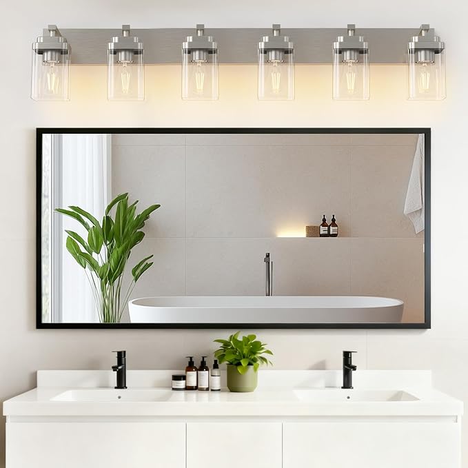 Brushed Nickel Bathroom Light Fixtures, 6 Lights Bathroom Lighting Fixtures Over Mirror, Square Design & Rectangle Large Backplate, Modern Vanity Lighting Fixtures, for Living Room/Bedroom