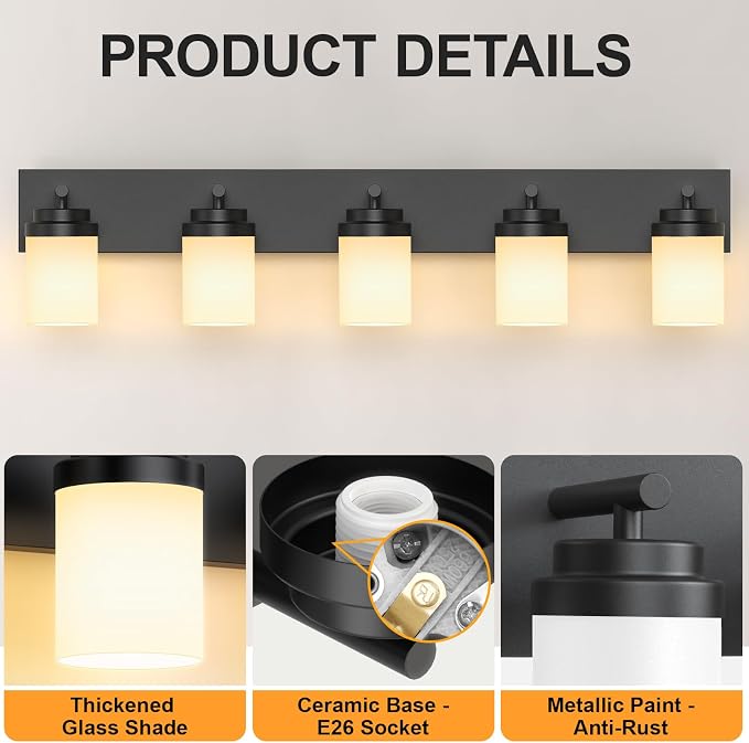 IZORRO Bathroom Vanity Light Fixture, 5-Light 36 Inch Matte Black Bathroom Light Fixtures Over Mirror, with White Glass Shade, Modern Farmhouse Vanity Lights, Rustic Restroom Lighting Fixtures