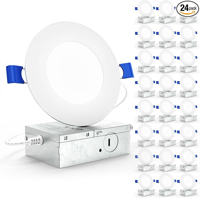 Sunco 24 Pack 4 Inch LED Recessed Lights, Slim Canless Ceiling Lighting, 650 LM, 10W (60W Equivalent), 3000K Warm White, Dimmable, Wafer Thin, Ultra Thin with Junction Box ETL.