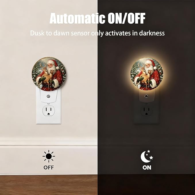 Plug-in Festive Christmas Scene Night Light Santa Claus with Deer Nightlight with Dusk to Dawn Sensor, Auto On/Off 0.5W Energy-Saving LED Lighting for Men Women Boys Girls Gift