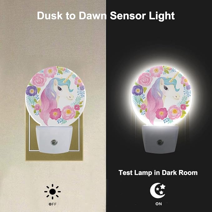 Girl Unicorn Plug in Night Light Cute Animal Unicorn with Rainbow Hair Spring Flowers Leaf Nightlight Dusk to Dawn Sensor LED Lighting for Bedroom Bathroom 0.5W Sleep Friendly