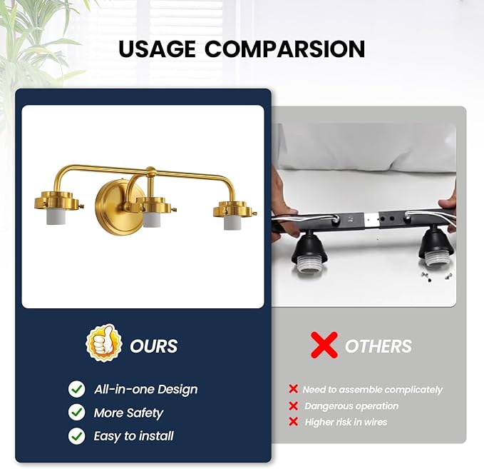 RUIYEY Bathroom Vanity Light Fixtures: 3-Lights Gold Vanity Lights Over Mirror, 17 Inch E26 60W Modern Bathroom Lighting Fixture with Milky White Glass for Bath Restroom
