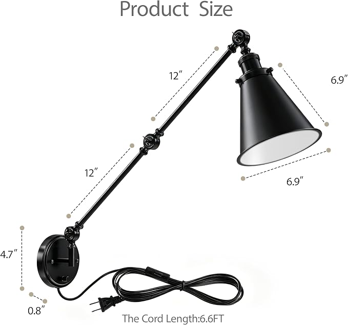 Plug in Wall Sconces Set of Two, Black Swing Arm Wall Lamp with 6.6FT Plug-in Cord and Knob Switch, Metal Wall Lights for Bedroom, Reading, Study Room, Office, Living Room (2 Pack)