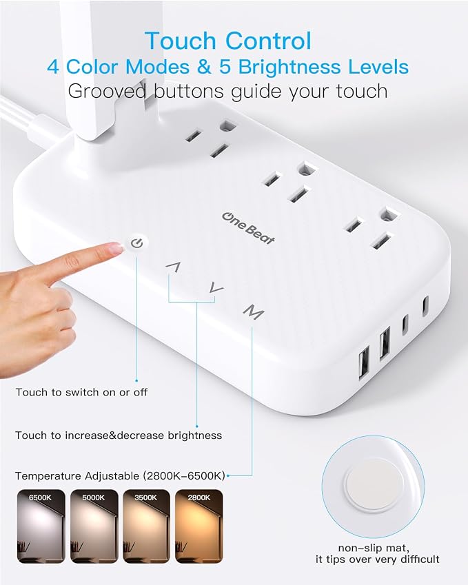 Desk Lamp,Power Strip with 6 AC Outlets & 4 USB Ports, Dorm Room Essentials | One Beat Touch Control LED Lamp, 4 Color Modes 5 Brightness Levels,Eye-Caring Reading Lamp,5ft Cord,Study Home Office College