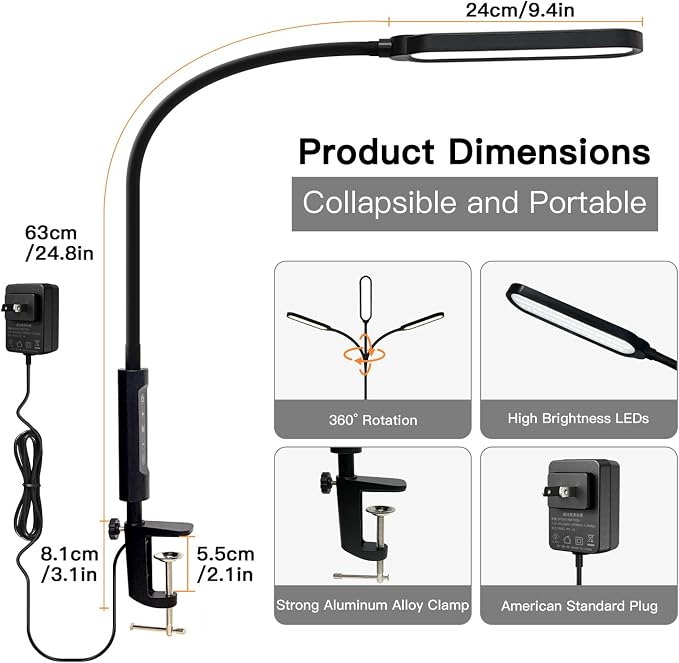LUJOLUMIN 18W LED Clamp on Lamp with Remote Control and US Adapter | Metal Super Bright 3000LM Task Light, CRI 95, 3 Colors, for Office Desk Reading