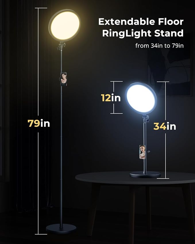Aureday 12” Ring Light with Stand and Phone Holder, 79” Tall LED Circle Light with Weighted Base & Remote, Dimmable Floor Lamp for Video Recording, Barber, Live Stream, Makeup, Photography