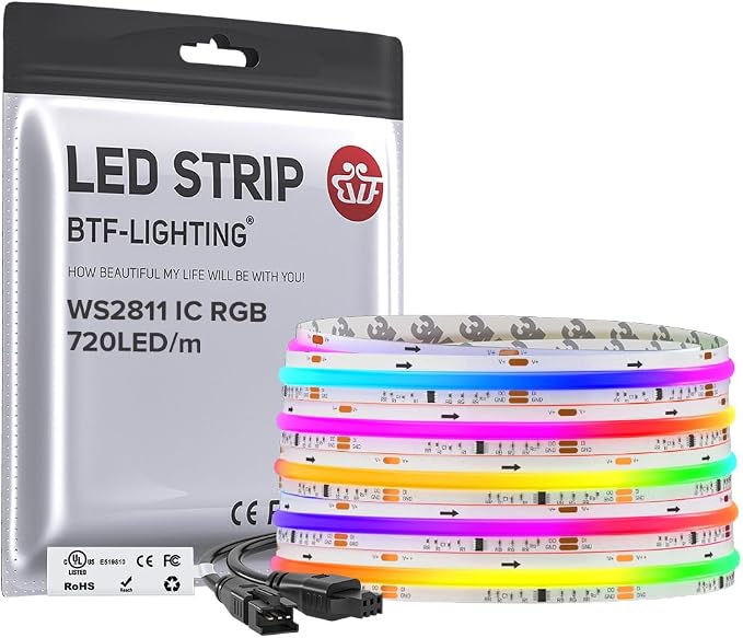 BTF-LIGHTING WS2811 Smart IC RGB FCOB COB LED Strip, UL Listed 720LEDs/m High Density Color Chasing Uniform Light, DC24V 16.4FT 12mm Width Tape Light for Home Party DIY Decor(No Adapter or Controller)