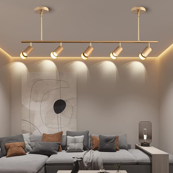 5-Light LED Track Lighting Kit Gold Track Light Flexibly Rotatable Light Head Modern Spot Lighting for Kitchen Living Room Dining Room Bedroom Closet Bar