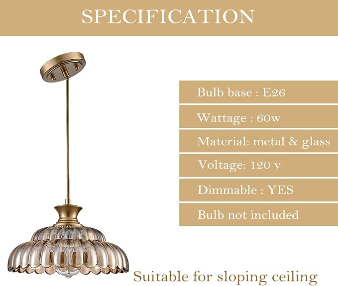 HYDELITE Vintage Amber Glass Pendant Light with Adjustable Hanging Cord | Modern Gold Kitchen Island Pendant Light Fixture Adjustable for Dining Living Room Restaurant Entryway