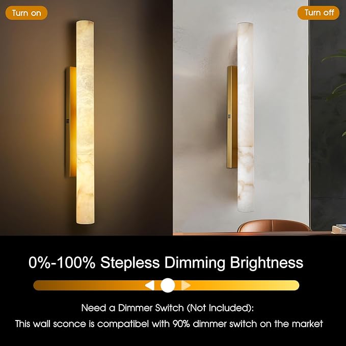 Brass Alabaster Wall Sconces, Spanish Natural Marble Wall Sconce, 36" Long Stone Wall Sconce Dimmable, Gold Alabaster Sconces Wall Lighting Indoor, Marble Wall Light for Bathroom, Living Room, 1PC