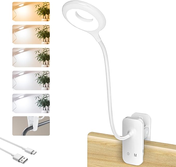 CUHIOY Rechargeable Clip on Reading Light for Bed Headboard, White, 1 Pack | Battery Clamp Bunk Bed Light, 5 Colors 5 Brightness Flexible Neck Desk Lamp, Flicker-Free Touch Control Kids Book Light