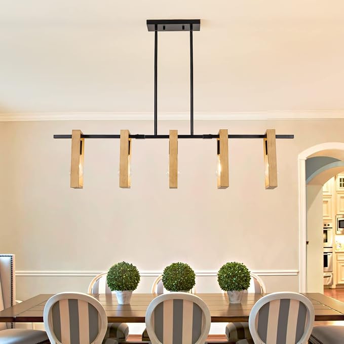 Dining Room Chandelier Farmhouse Kitchen Island Lights Ceiling Hanging 5 Lights Wood and Black Light Fixture Rustic Pendant Lighting 41.3"