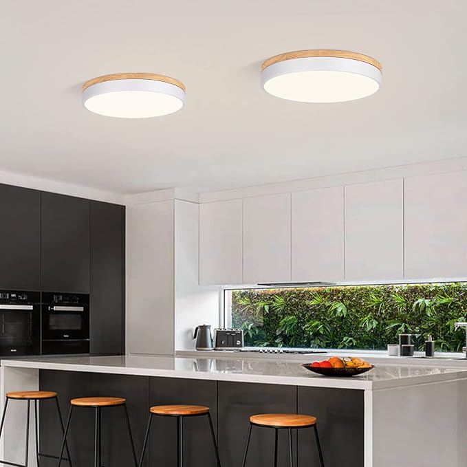 Yiisem Dimmable Wood LED Flush Mount Ceiling Light, White, 15.8 in | 5CCT 2700K-6000K Modern Close to Ceiling Lighting Fixtures, Round Ceiling Lamp for Living Room, Bedroom, Laundry Room